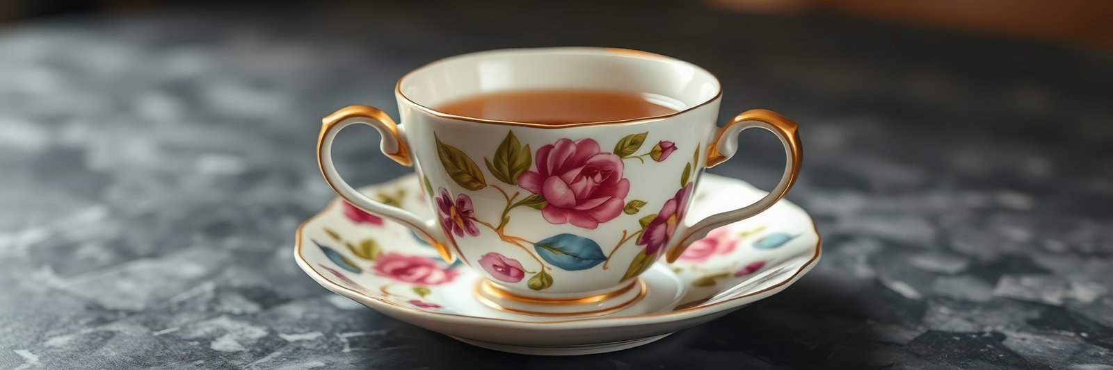 Beautiful vintage tea cup with floral design on a dark stone surface filled with warm tea